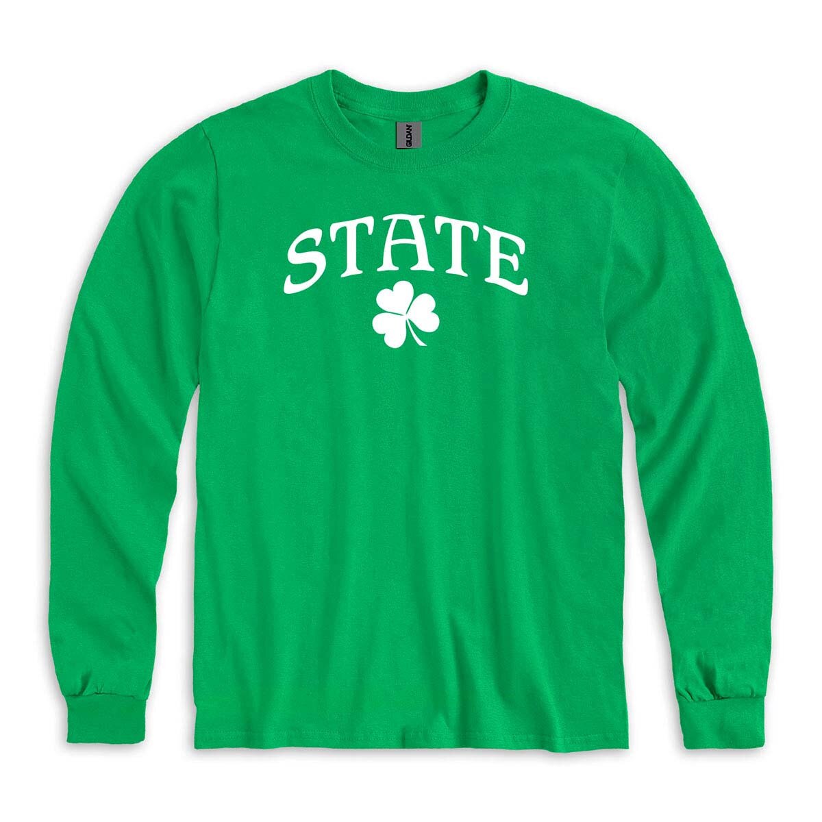 Kelly green long sleeve t-shirt with State arched over shamrock